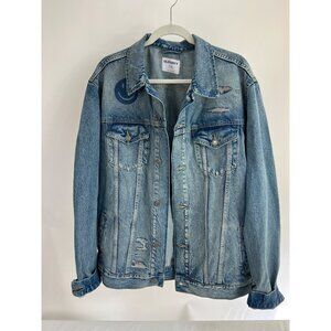Old Navy XL Tall Distressed Denim Jacket Smiley Face Rainbow Lining Unisex NWT